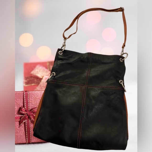 Vera Pelle Black & Chestnut Brown Italian Leather Crossbody Shoulder Bag - Picture 13 of 13